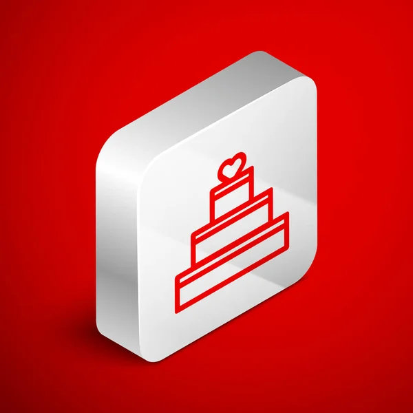 Kırmızı arka planda kalp ikonu olan Isome çizgisi düğün pastası. Sevgililer Günü sembolü. Gümüş kare düğme. Vektör İllüstrasyonu — Stok Vektör