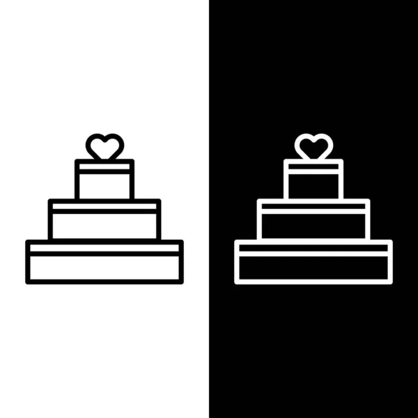 Set line Pastel de boda con icono del corazón aislado sobre fondo blanco y negro. Símbolo de San Valentín. Ilustración vectorial — Vector de stock