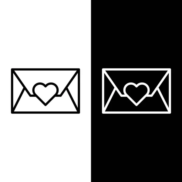 Állítsa vonal Boríték Valentin szív ikon elszigetelt fekete-fehér háttér. Üzenetszeretet. Levél szerelem és romantika. Vektorillusztráció — Stock Vector