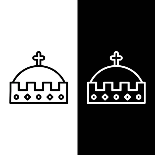 Set line King Crown icon isoliert auf schwarzem und weißem Hintergrund. Vektorillustration — Stockvektor