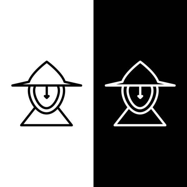 Ställ in linje Medeltida järnhjälm för huvud skydd ikon isolerad på svart och vit bakgrund. Vektor Illustration — Stock vektor