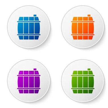 Beyaz arkaplanda izole edilmiş renkli tahta varil ikonu. Alkol fıçısı, içki kabı, bira için tahta fıçı, viski, şarap. Simgeleri daire düğmelerine ayır. Vektör İllüstrasyonu