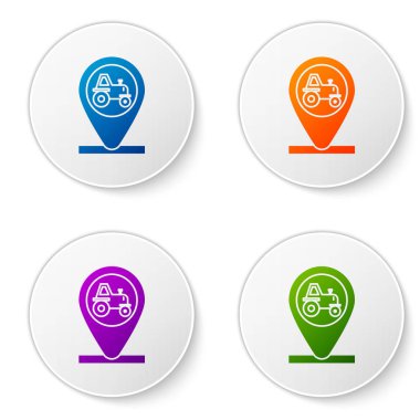 Beyaz arkaplanda izole edilmiş renkli traktör ve konum simgesi. Simgeleri daire düğmelerine ayır. Vektör İllüstrasyonu
