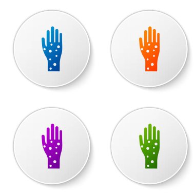 Beyaz arka planda izole edilmiş sedef ya da egzama ikonu olan renkli el. Alerjene veya kronik vücut sorununa karşı insan derisi tepkisi kavramı. Simgeleri daire düğmelerine ayır. Vektör İllüstrasyonu