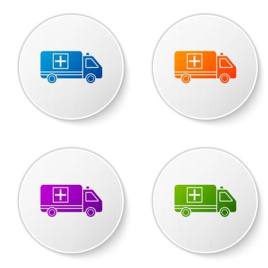 Renkli ambulans ve acil durum arabası simgesi beyaz arka planda izole edildi. Ambulans aracı tıbbi tahliye. Simgeleri daire düğmelerine ayır. Vektör İllüstrasyonu
