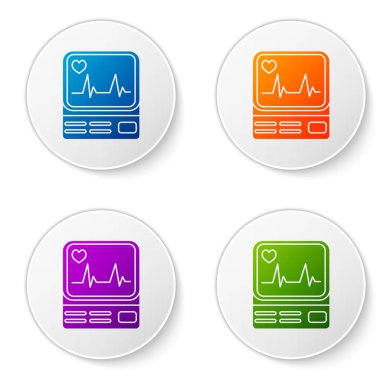 Beyaz arkaplanda kardiyogram simgesi olan renkli bilgisayar monitörü. Simge denetleniyor. Kalp atışı elle çizilmiş EKG monitörü. Simgeleri daire düğmelerine ayır. Vektör İllüstrasyonu