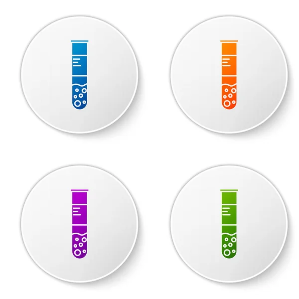 Farbe Reagenzglas und Kolben chemischen Labortest Symbol isoliert auf weißem Hintergrund. Laborgläser. Setzen Sie Symbole in Kreis-Tasten. Vektorillustration — Stockvektor