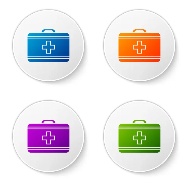 Χρώμα εικονίδιο κιτ πρώτων βοηθειών απομονωμένο σε λευκό φόντο. Ιατρικό κουτί με σταυρό. Ιατρικός εξοπλισμός για έκτακτη ανάγκη. Υγιεινή έννοια. Ορισμός εικονιδίων σε κουμπιά κύκλου. Εικονογράφηση διανύσματος — Διανυσματικό Αρχείο
