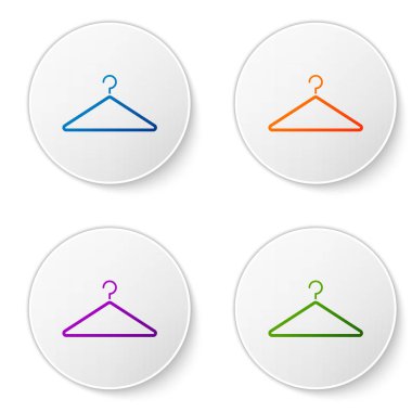 Beyaz arkaplanda renkli elbise askısı simgesi izole edildi. Vestiyer ikonu. Kıyafet servis sembolü. Çamaşır askı tabelası. Simgeleri daire düğmelerine ayır. Vektör İllüstrasyonu