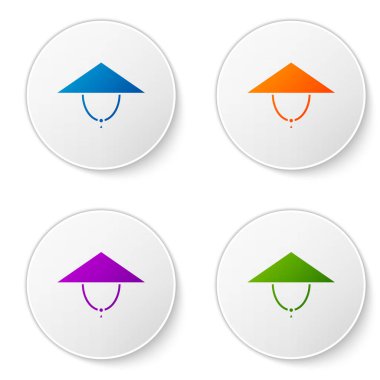 Beyaz arka planda izole edilmiş renkli Asyalı konik şapka simgesi. Çin konik hasır şapkası. Simgeleri daire düğmelerine ayır. Vektör İllüstrasyonu