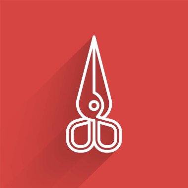 Beyaz çizgi makas simgesi uzun gölgeli izole edilmiş. Alet kesme işareti. Vektör İllüstrasyonu