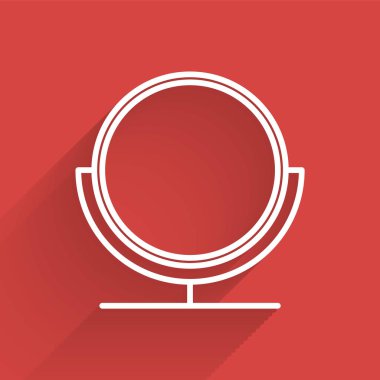 Beyaz çizgi yuvarlak makyaj aynası ikonu uzun gölgeli izole edilmiş. Vektör İllüstrasyonu