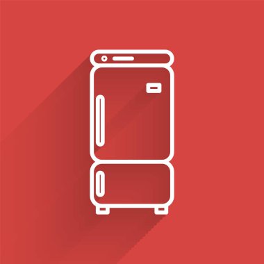 Beyaz çizgi buzdolabı ikonu uzun gölgeli. Buzdolabı buzdolabı. Ev aletleri ve aletler. Vektör İllüstrasyonu