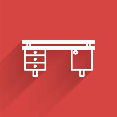 Beyaz çizgi ofis masa simgesi uzun gölgeli izole edilmiş. Vektör İllüstrasyonu