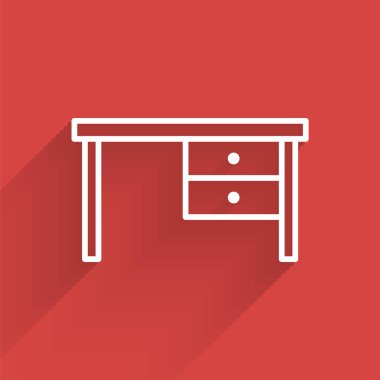Beyaz çizgi ofis masa simgesi uzun gölgeli izole edilmiş. Vektör İllüstrasyonu