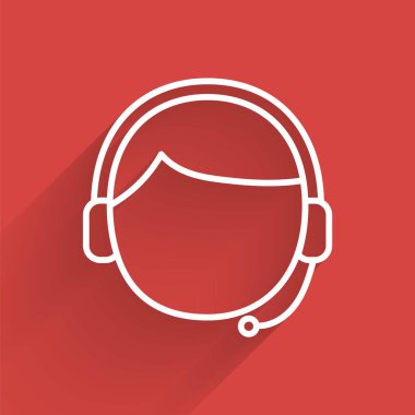 Uzun gölgeli izole edilmiş bir kulaklık simgesine sahip beyaz çizgi adamı. Destek operatörü hatta. Çağrı merkezi konsepti, müşteri destek servisi. Vektör İllüstrasyonu