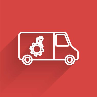 Beyaz çizgi araba servis simgesi uzun gölgeli izole edildi. Tamirci oto tamircisi. Bakım tabelası. Vektör İllüstrasyonu