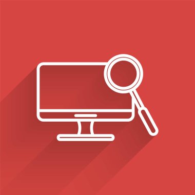 Beyaz çizgi bilgisayarı uzun gölgeli teşhis simgesini izole etti. Uygulama, servis, ayar seçenekleri, bakım, onarım. Vektör İllüstrasyonu