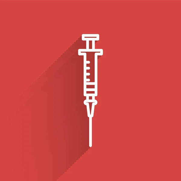 Vit linje Syringe ikon isolerad med lång skugga. Spruta för vaccin, vaccination, injektion, influensaspruta. Medicinsk utrustning. Vektor Illustration — Stock vektor