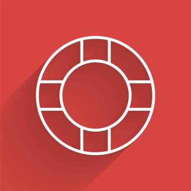 Beyaz çizgi Lifebuoy simgesi uzun gölgeli izole edilmiş. Can simidi sembolü. Vektör İllüstrasyonu