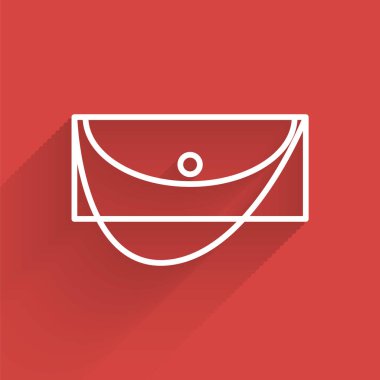 Beyaz çizgi debriyaj çantası simgesi uzun gölgeli izole edildi. Kadın el çantası. Vektör İllüstrasyonu