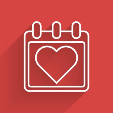 Uzun gölgeli, kalp ikonu olan beyaz çizgili takvim. Sevgililer Günü. Aşk sembolü. 14 Şubat. Vektör İllüstrasyonu
