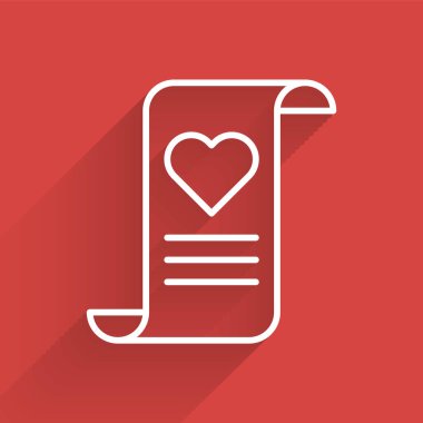 Sevgililer Günü kalp ikonu uzun gölgeli beyaz çizgi. Mesaj aşkım. Aşk ve romantizm mektubu. Vektör İllüstrasyonu