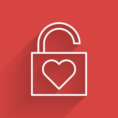 Beyaz çizgi Kilit ve kalp simgesi uzun gölgelerle izole edildi. Kilitli Kalp. Aşk sembolü ve anahtar deliği işareti. Sevgililer Günü sembolü. Vektör İllüstrasyonu