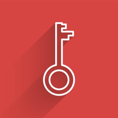 Beyaz çizgi Eski anahtar simgesi uzun gölgeli izole edilmiş. Vektör İllüstrasyonu