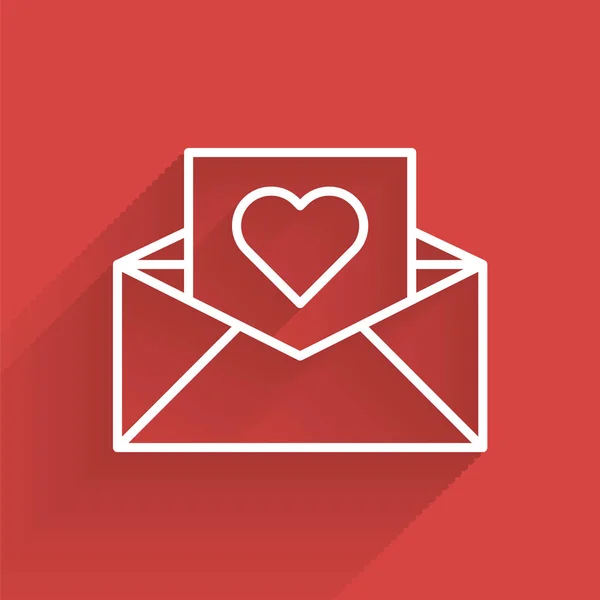 Envelope linha branca com ícone coração Valentine isolado com sombra longa. Mensagem de amor. Carta de amor e romance. Ilustração vetorial —  Vetores de Stock