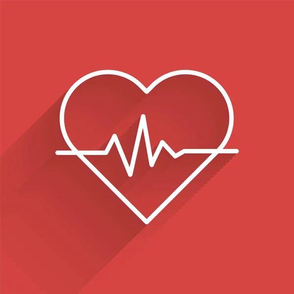 Weiße Linie Herzfrequenz-Symbol isoliert mit langem Schatten. Herzschlagzeichen. Herzpuls-Symbol. Kardiogramm-Symbol. Vektorillustration — Stockvektor