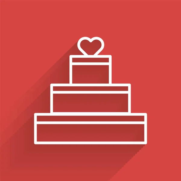 Línea blanca Pastel de boda con icono del corazón aislado con sombra larga. Símbolo de San Valentín. Ilustración vectorial — Vector de stock