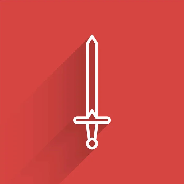 White line Medieval sword icon isolated with long shadow. Medieval weapon. Vector Illustration — 스톡 벡터