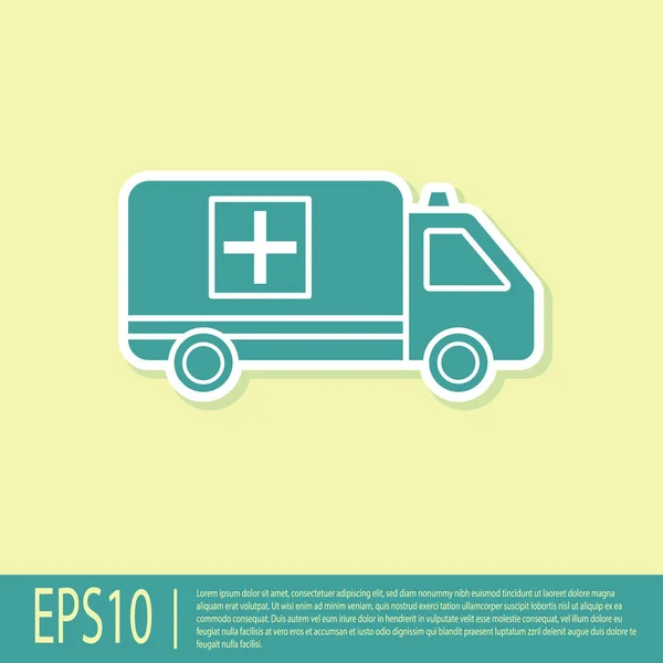 Grüner Rettungswagen und Notarztwagen-Symbol isoliert auf gelbem Hintergrund. Rettungswagen medizinische Evakuierung. Vektorillustration — Stockvektor