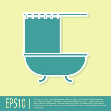 Sarı arka planda açık duş perdesi ikonu olan yeşil küvet. Vektör İllüstrasyonu