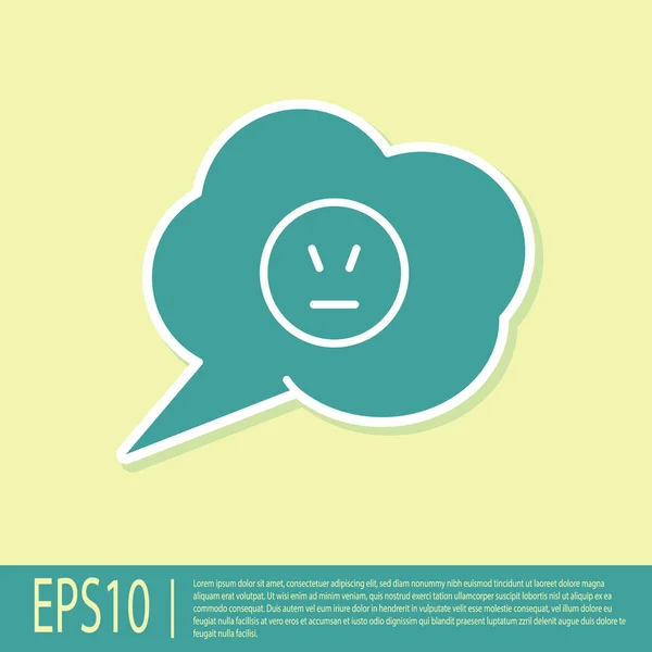 Green Speech bubble with angry smile icon isolated on yellow background. Emoticon face. Vector Illustration
