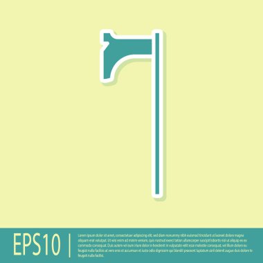 Sarı arka planda yeşil ortaçağ balta simgesi izole edildi. Savaş baltası, cellat baltası. Ortaçağ silahı. Vektör İllüstrasyonu