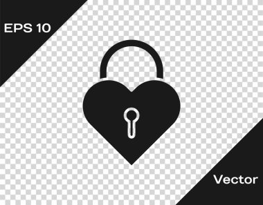 Şeffaf arka plan üzerinde izole bir kalp simgesi şeklinde Gri Kale. Kilitli Kalp. Aşk sembolü ve anahtar deliği işareti. Vektör İllüstrasyonu