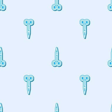 Mavi çizgi makas simgesi gri arkaplanda izole edilmiş pürüzsüz desen. Alet kesme işareti. Vektör İllüstrasyonu