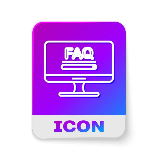White line Computer monitor with text FAQ information icon isolated on white background. Frequently asked questions. Rectangle color button. Vector Illustration — Stock Vector