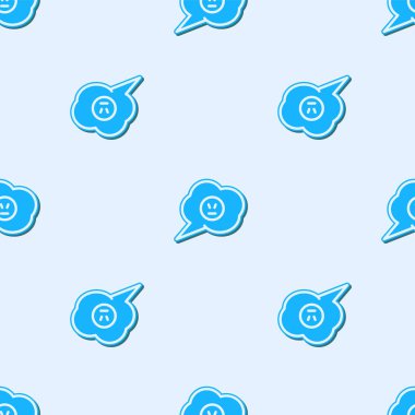 Öfkeli gülümseme ikonu ile mavi çizgi konuşma balonu gri arka planda kusursuz desen izole. Duygusal yüz ifadesi. Vektör İllüstrasyonu