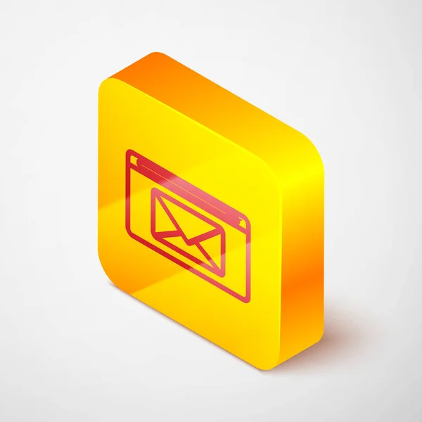 Linha isométrica Ícone de correio e e-mail isolado em fundo cinza. Envelope símbolo e-mail. E-mail sinal de mensagem. Botão quadrado amarelo. Ilustração vetorial — Vetor de Stock