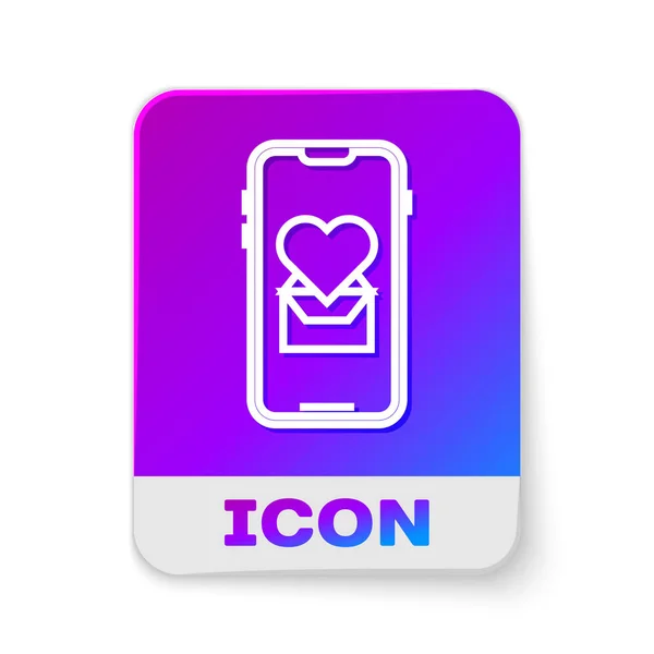 Bílá čára Mobilní telefon s ikonou srdce izolované na bílém pozadí. Valentýn. Tlačítko obdélníkové barvy. Vektorová ilustrace — Stockový vektor