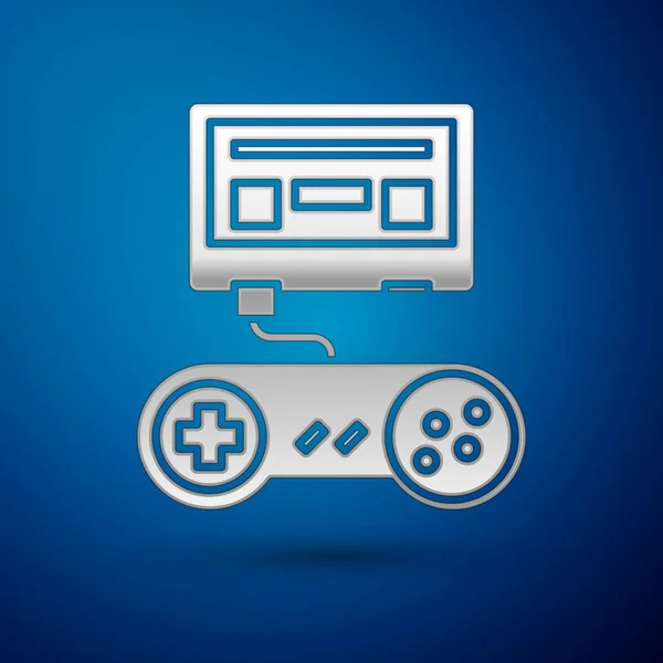 Console de jeu vidéo argentée avec icône joystick isolée sur fond bleu. Illustration vectorielle — Image vectorielle