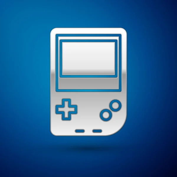 Mavi arkaplanda gümüş portatif oyun konsolu simgesi izole edildi. Av alanı tabelası. Oyun konsepti. Vektör İllüstrasyonu — Stok Vektör