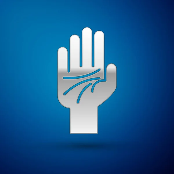 Silver Palmistry del icono de la mano aislado sobre fondo azul. Ilustración vectorial — Vector de stock