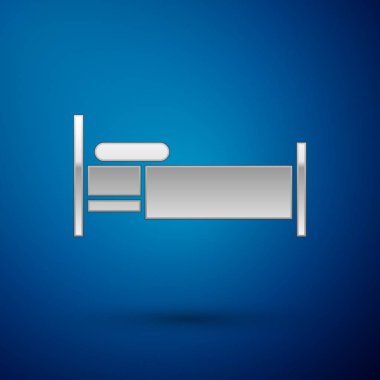 Mavi arkaplanda gümüş yatak simgesi izole edildi. Vektör İllüstrasyonu