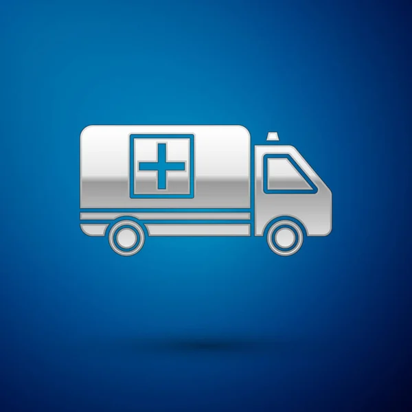 Silver Ambulance and emergency car icon isolated on blue background. Ambulance vehicle medical evacuation. Vector Illustration — Stock Vector