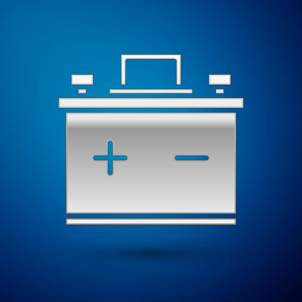 Silver Car battery icon isolated on blue background. Accumulator battery energy power and electricity accumulator battery. Vector Illustration