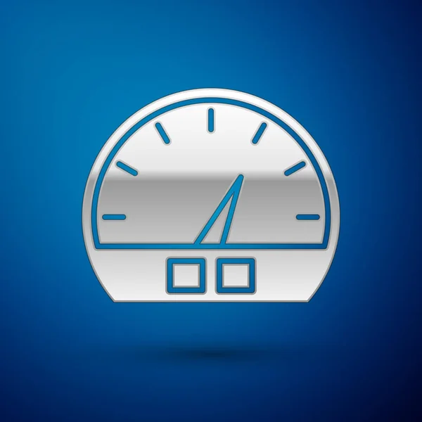 Icono del velocímetro de plata aislado sobre fondo azul. Ilustración vectorial — Vector de stock